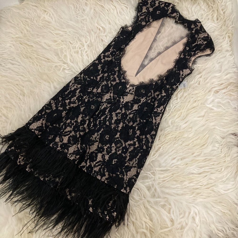 Aidan by Aidan Mattox V-Neck Cap-Sleeve Lace Cocktail Dress w/ Feather Hem - Picture 8 of 10